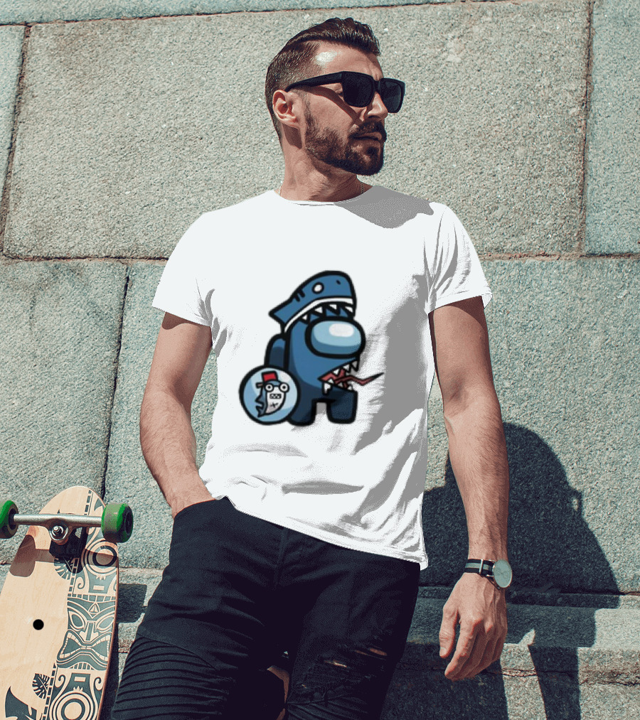 Gawr Gura Peeker Shark Hat Cute Shrimp Among Us Hololive Crossover T-Shirt