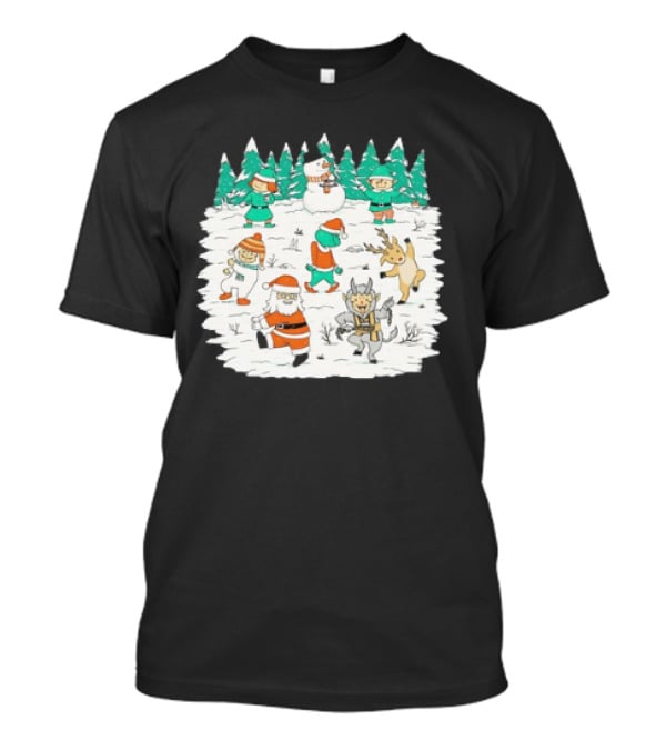 Christmas Dance Party With Santa, Krampus, Grinch, Snowman, And Reindeer In Winter Forest T-Shirt