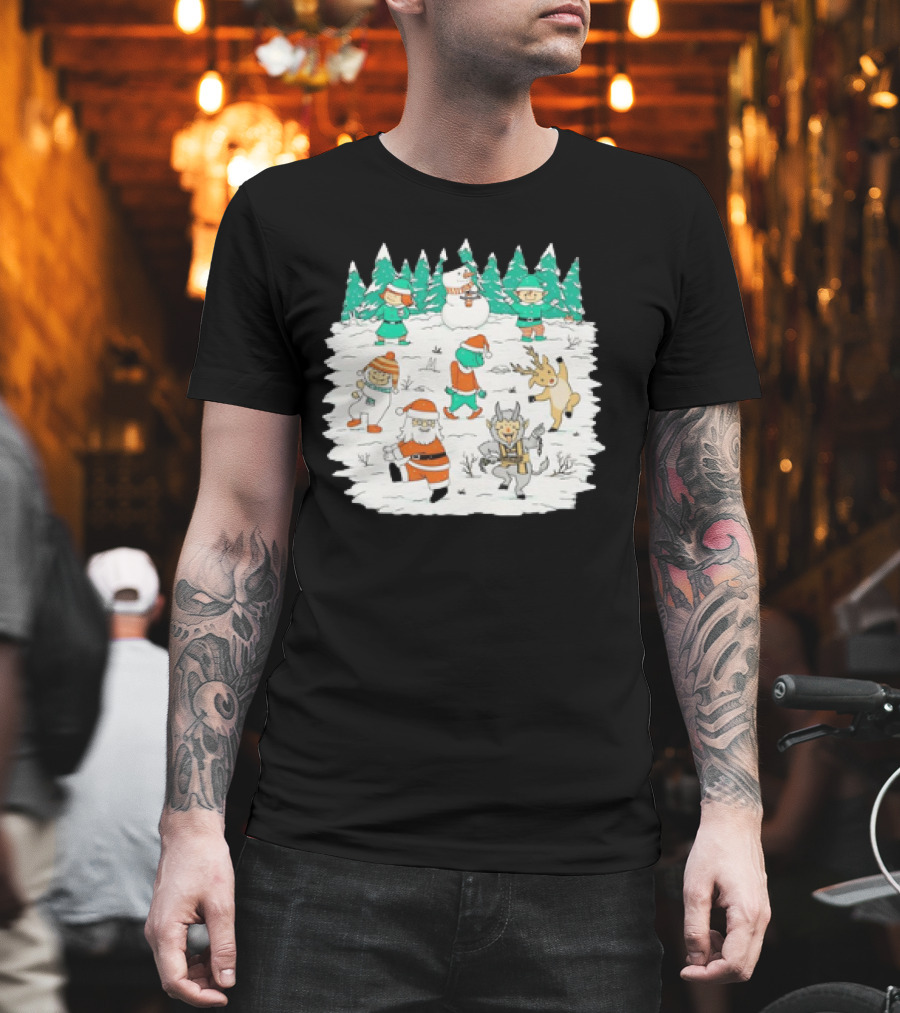 Christmas Dance Party With Santa, Krampus, Grinch, Snowman, And Reindeer In Winter Forest T-Shirt
