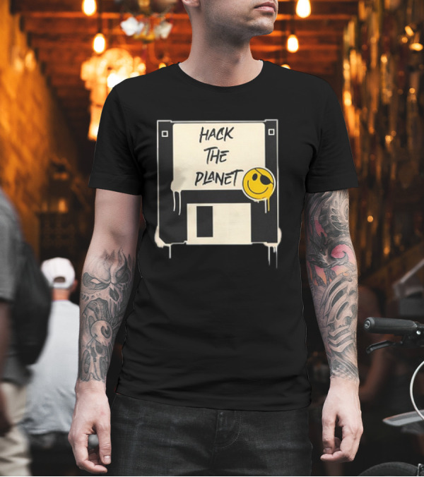 Hack the Planet Floppy Disk Smiley Face T-Shirt Hack the Planet Floppy Disk Smiley Face T-Shirt