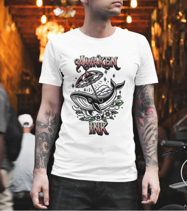 Awaken Ink Whale with Umbrella and Flowers T-Shirt Awaken Ink Whale with Umbrella and Flowers T-Shirt