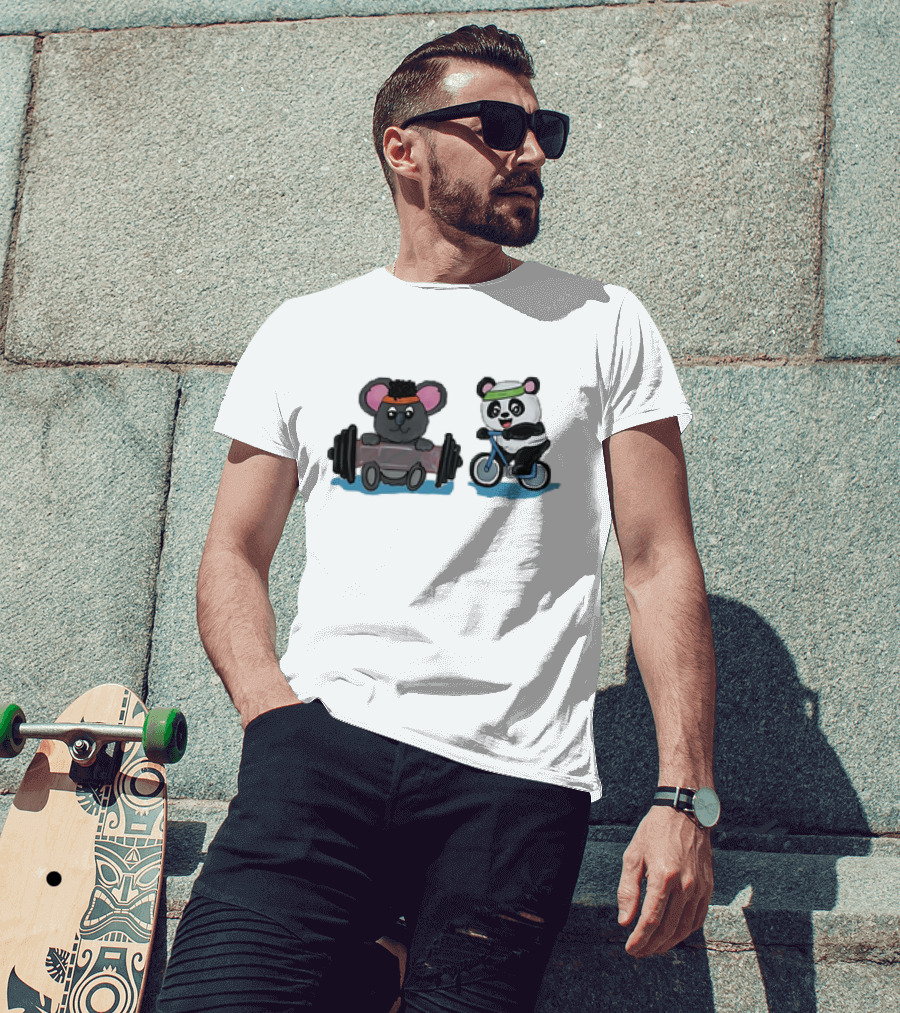 Koala Lifting Weights And Panda Riding Bicycle Together T-Shirt
