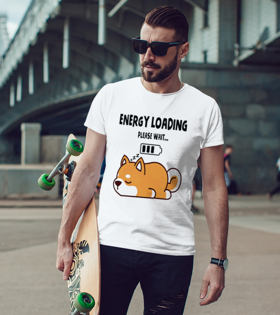 Shiba Inu Energy Loading Please Wait Battery Charging Sleepy Dog T-Shirt