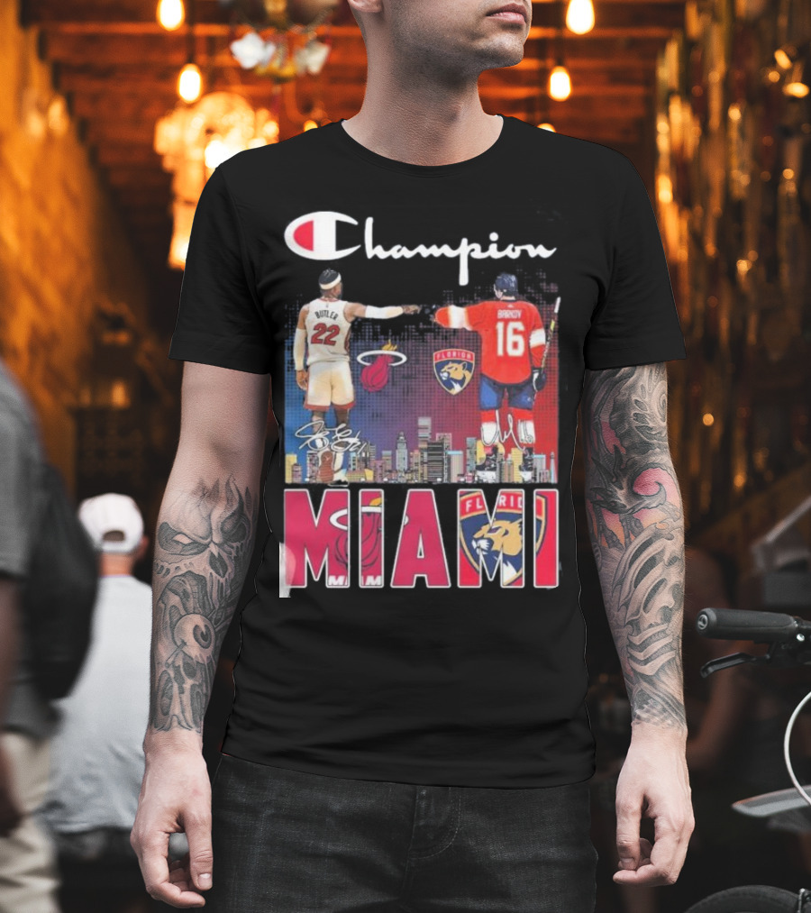 Champion Miami Skyline Signatures 22 Jimmy Butler 16 Aleksander Barkov Sports T-Shirt