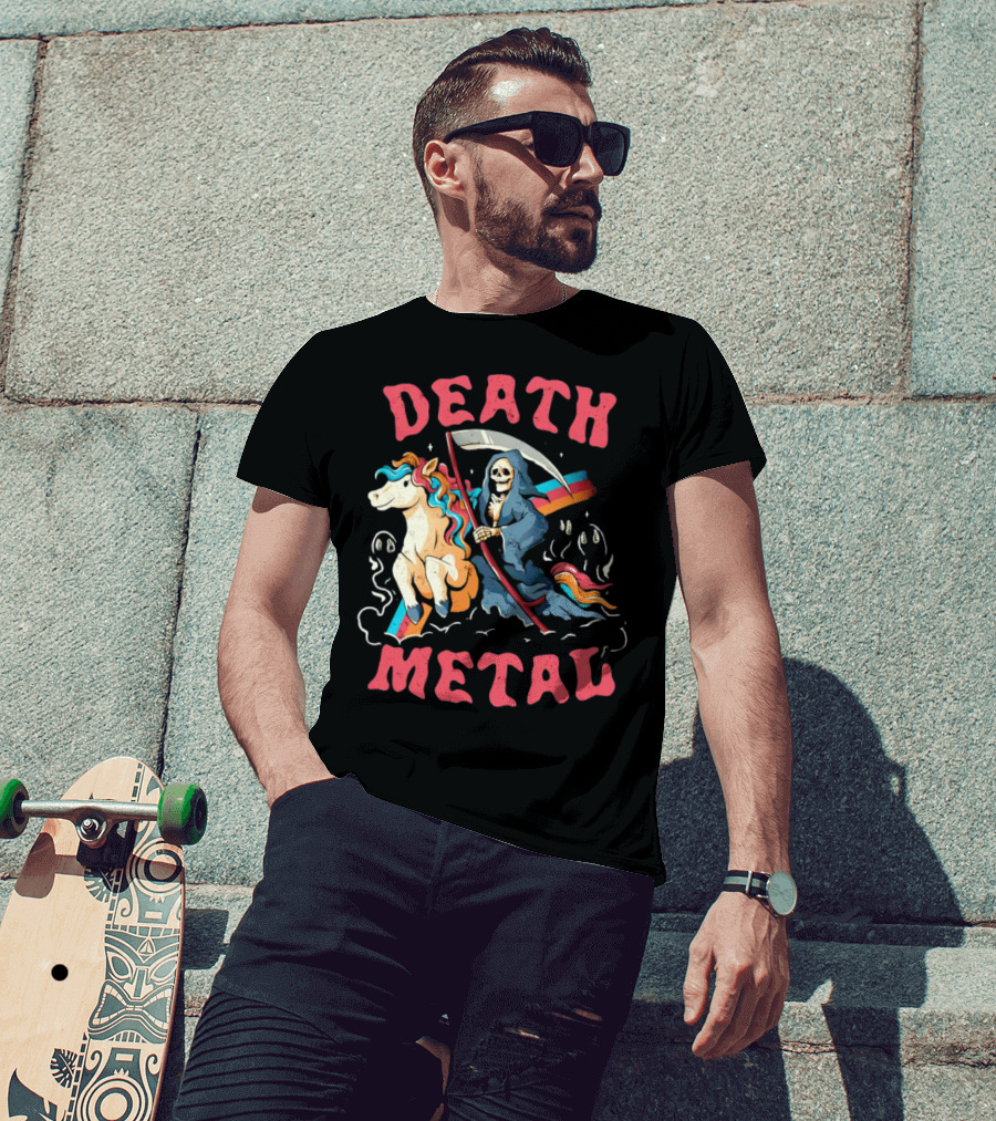 Death Metal Skull Riding Rainbow Unicorn T-Shirt