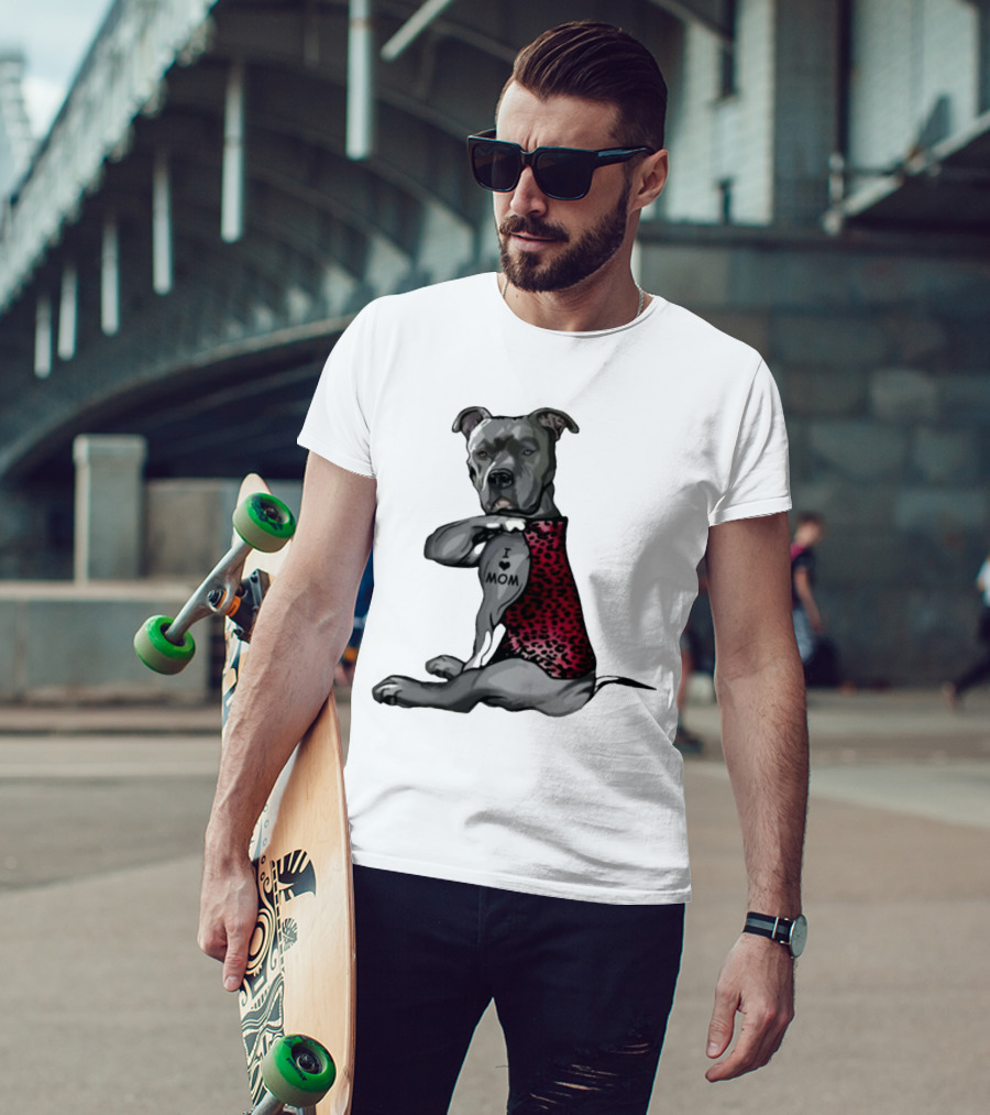I Love Mom Dog Tattoo Red Leopard Print T-Shirt