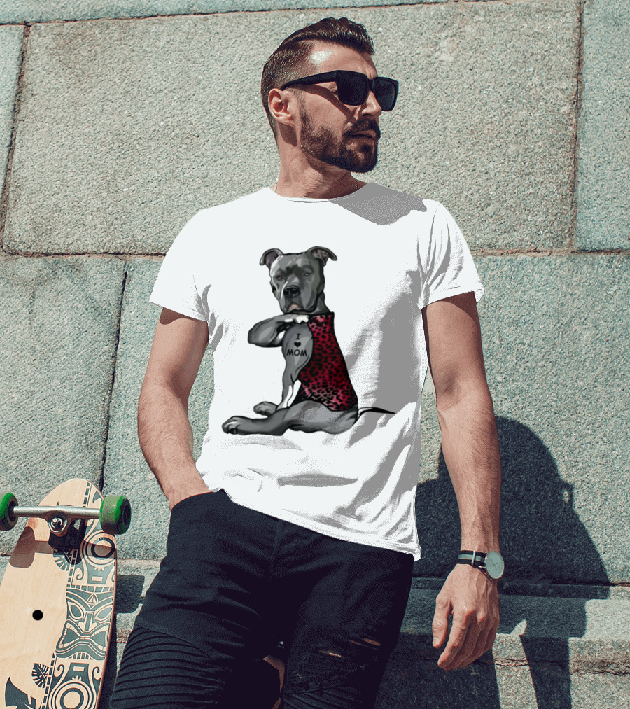 I Love Mom Dog Tattoo Red Leopard Print T-Shirt