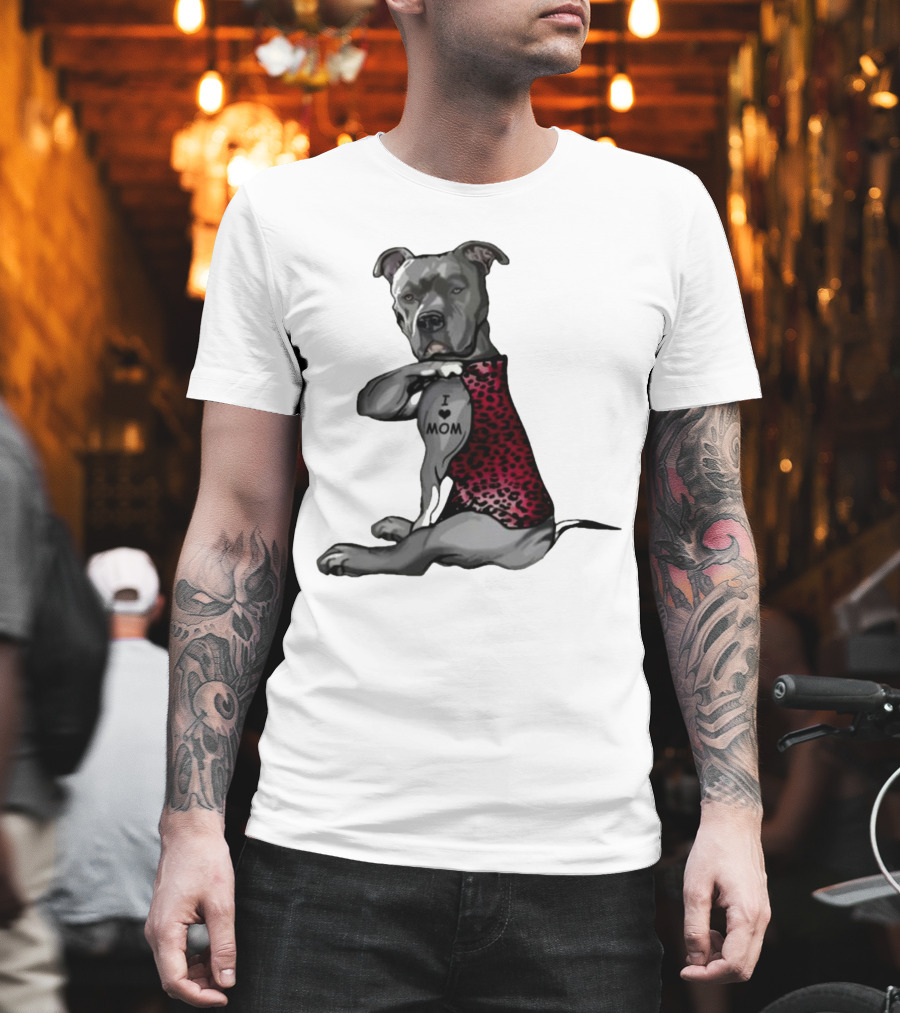 I Love Mom Dog Tattoo Red Leopard Print T-Shirt
