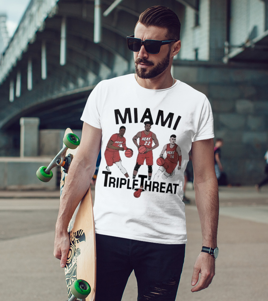 Miami Heat Bam Adebayo Jimmy Butler Tyler Herro Triple Threat T-Shirt