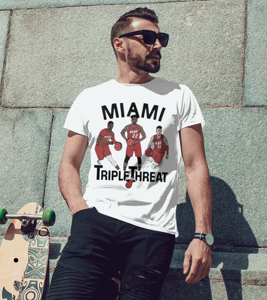 Miami Heat Bam Adebayo Jimmy Butler Tyler Herro Triple Threat T-Shirt
