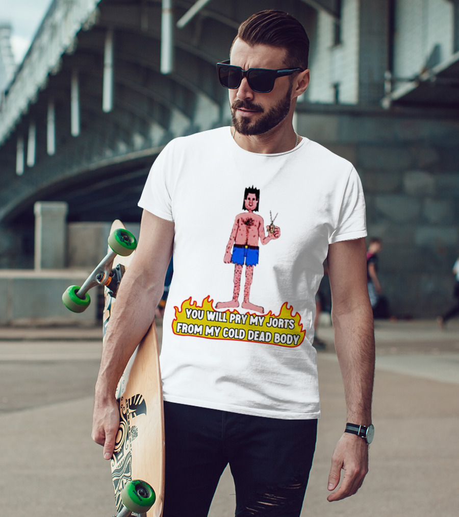 You Will Pry My Jorts From My Cold Dead Body Cartoon Character Holding Scissors In Flames T-Shirt