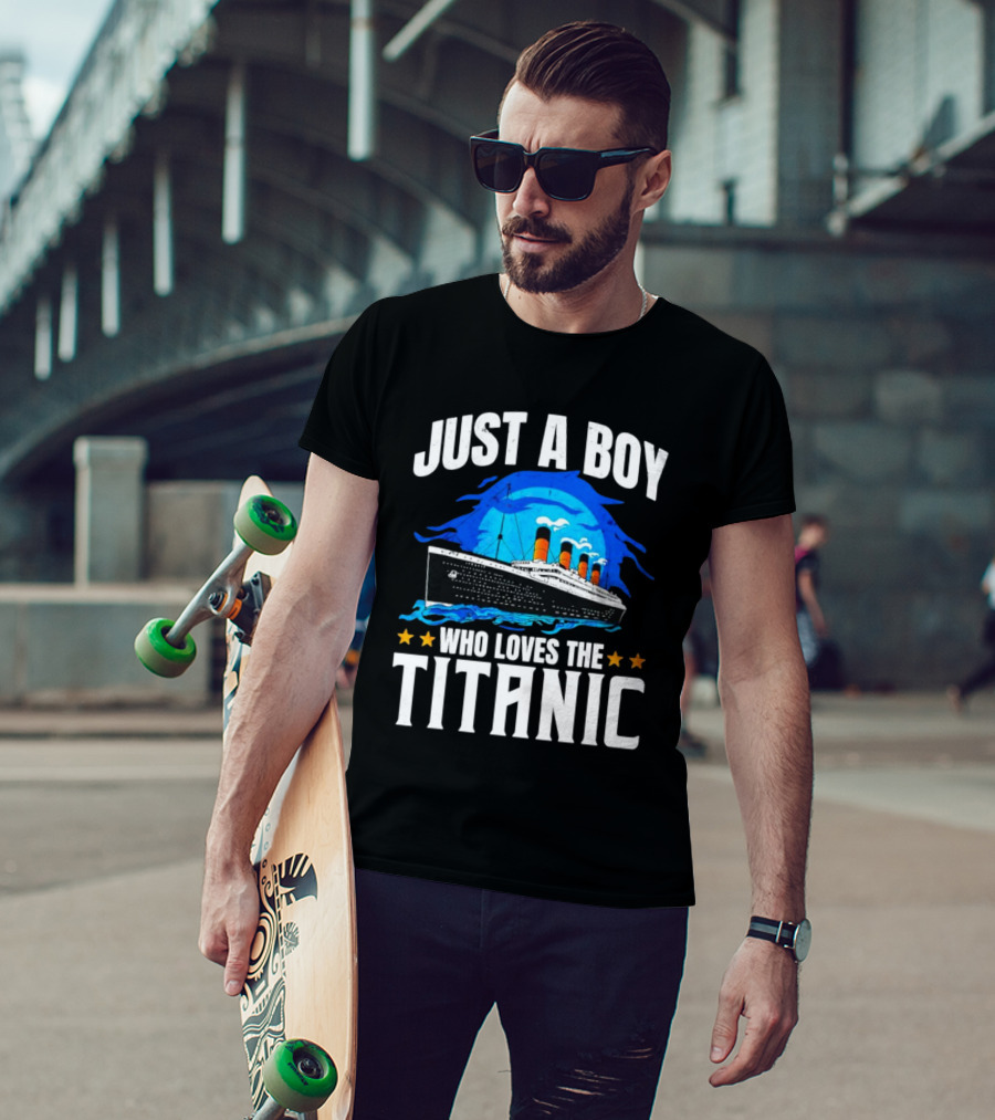 Just A Boy Who Loves The Titanic Ship With Blue Ocean And Stars T-Shirt
