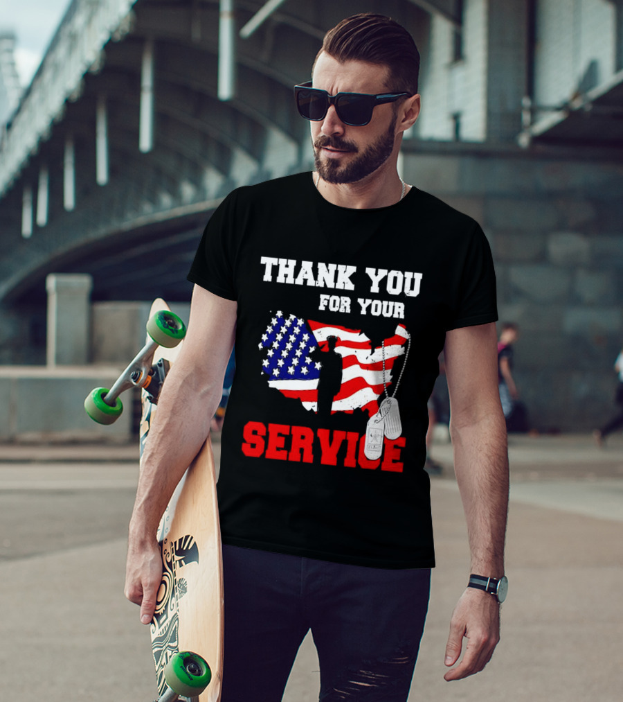 Thank You For Your Service American Flag Silhouette With Dog Tags T-Shirt