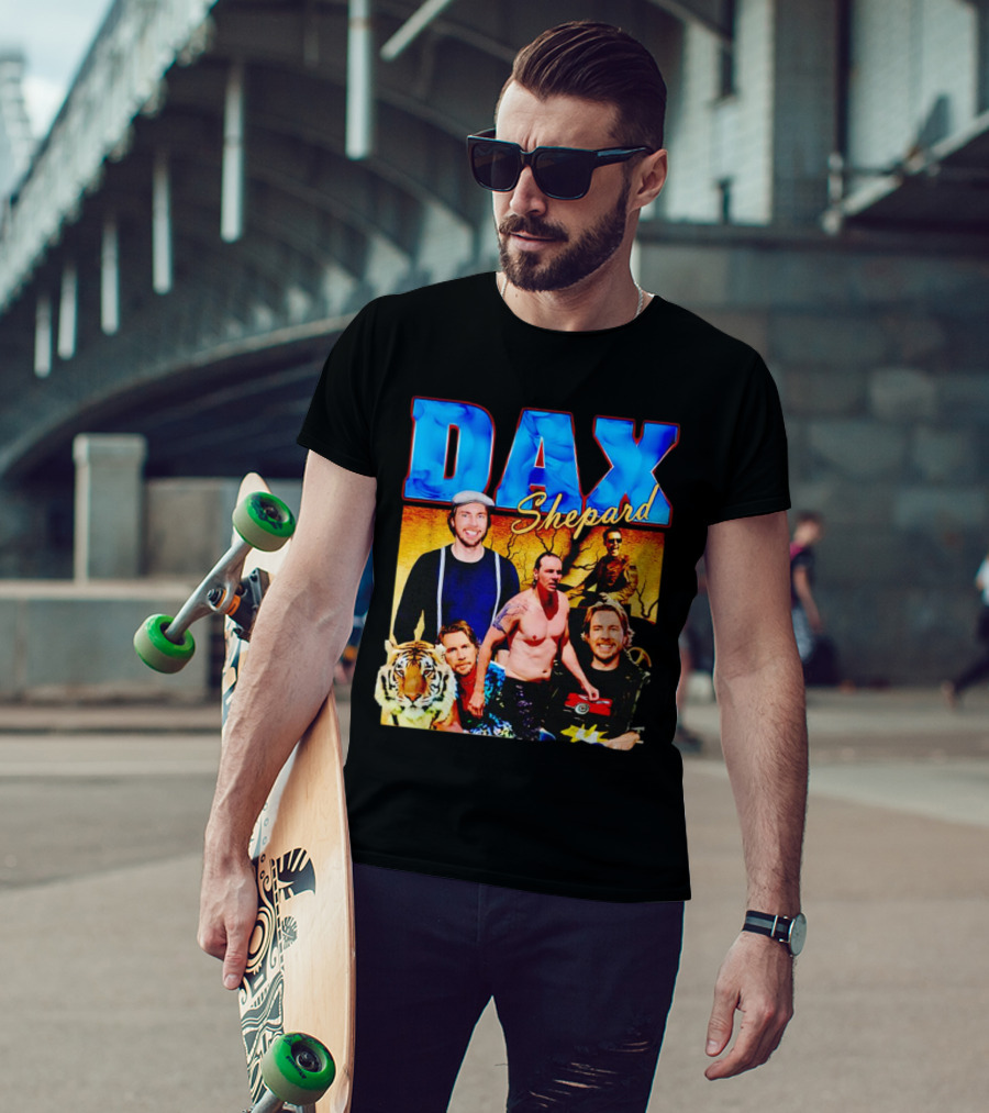 Dax Shepard Vintage Collage With Blue Text And Tiger T-Shirt