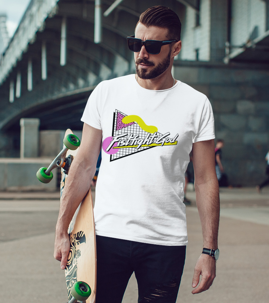 Fistfight God 80s Retro Wave Style Triangles Circles Grid T-Shirt