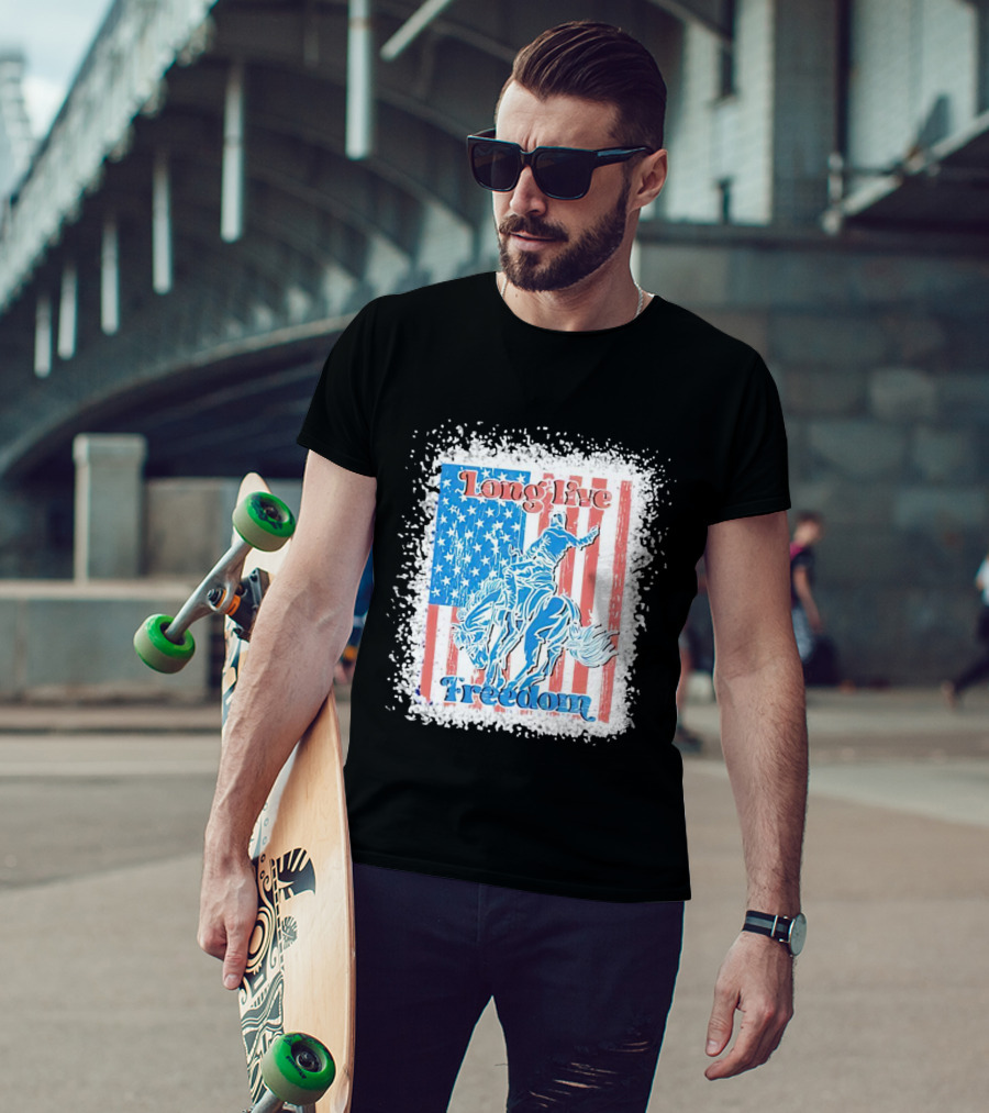 Long Live Freedom America Flag Cowboy And Horse T-Shirt