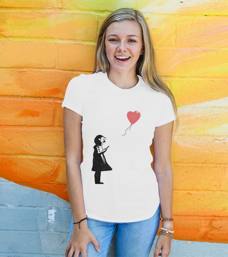 Girl With Phone Heart Balloon Black Dark Shadow T-Shirt