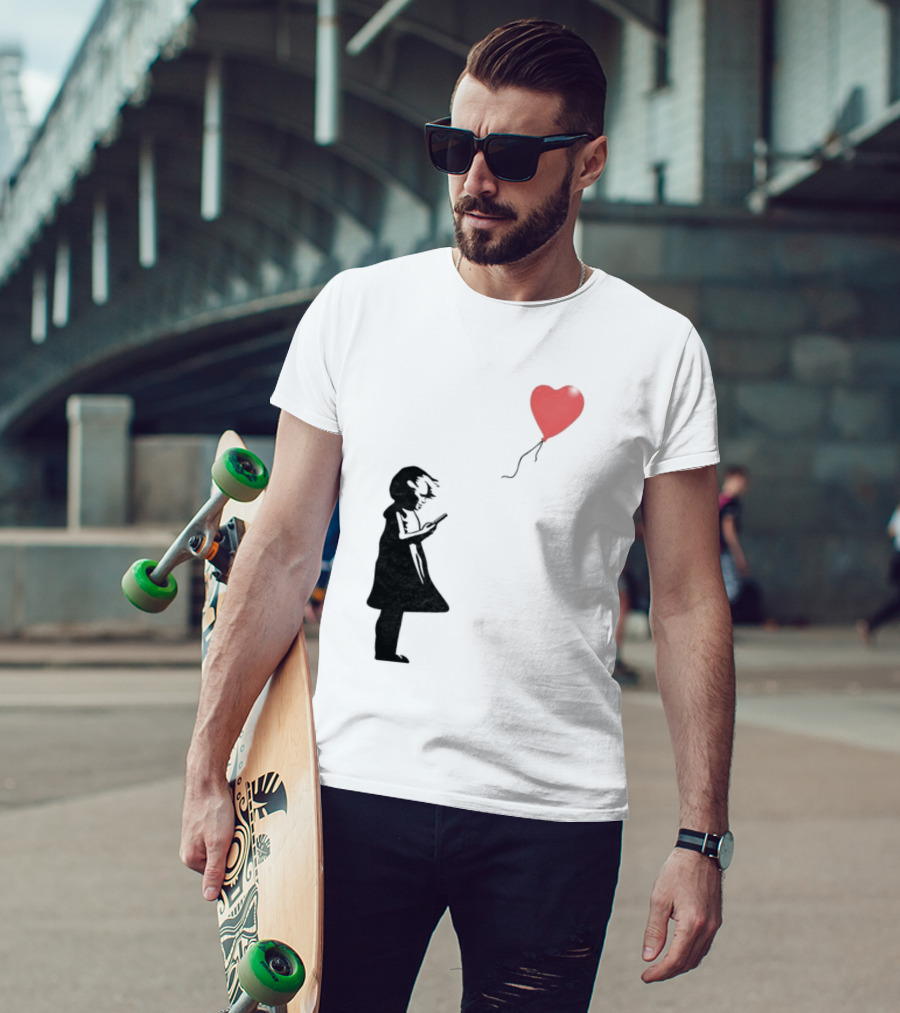 Girl With Phone Heart Balloon Black Dark Shadow T-Shirt