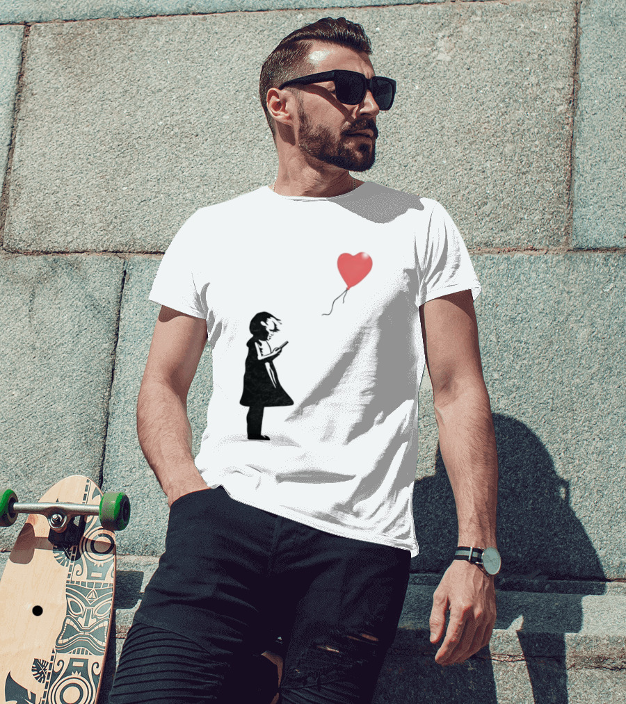 Girl With Phone Heart Balloon Black Dark Shadow T-Shirt
