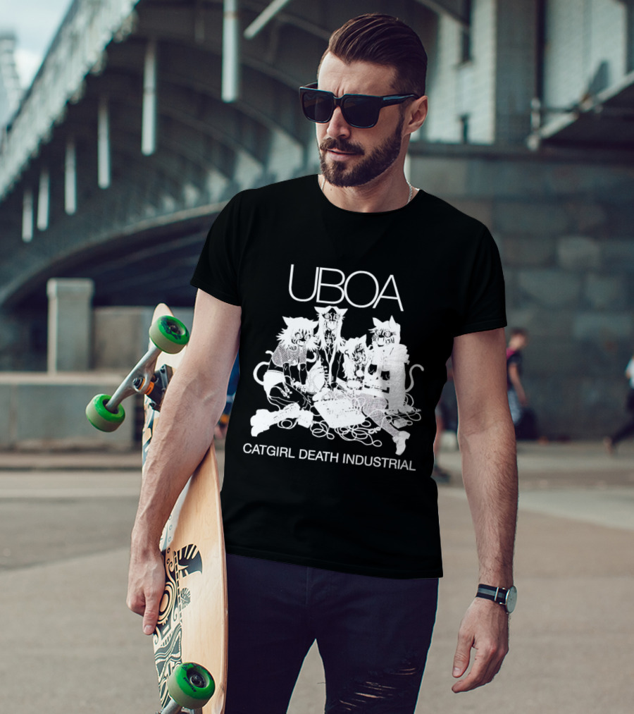 UBOA Catgirl Death Industrial White Text And Figures T-Shirt