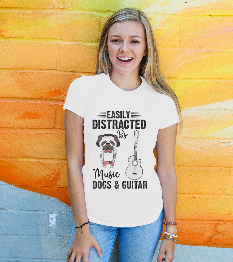 Easily Distracted By Music Dogs And Guitar T-Shirt