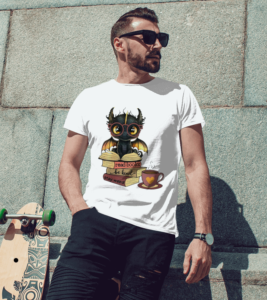 Cute Dragon Read Books Be Kind Stay Weird Coffee Lover T-Shirt