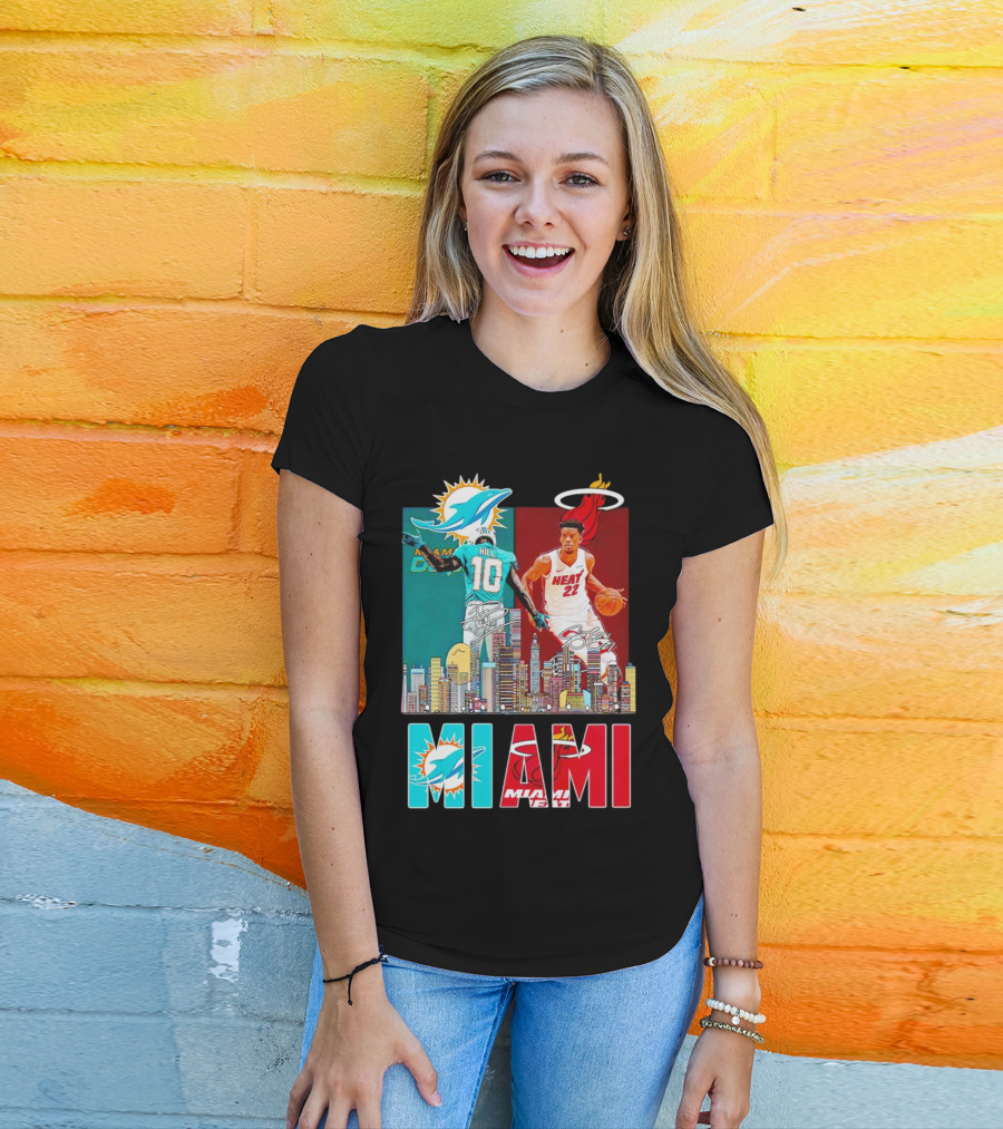Miami Dolphins Tyreek Hill Miami Heat Jimmy Butler Signatures Skyline Featuring Dolphins And Heat T-Shirt