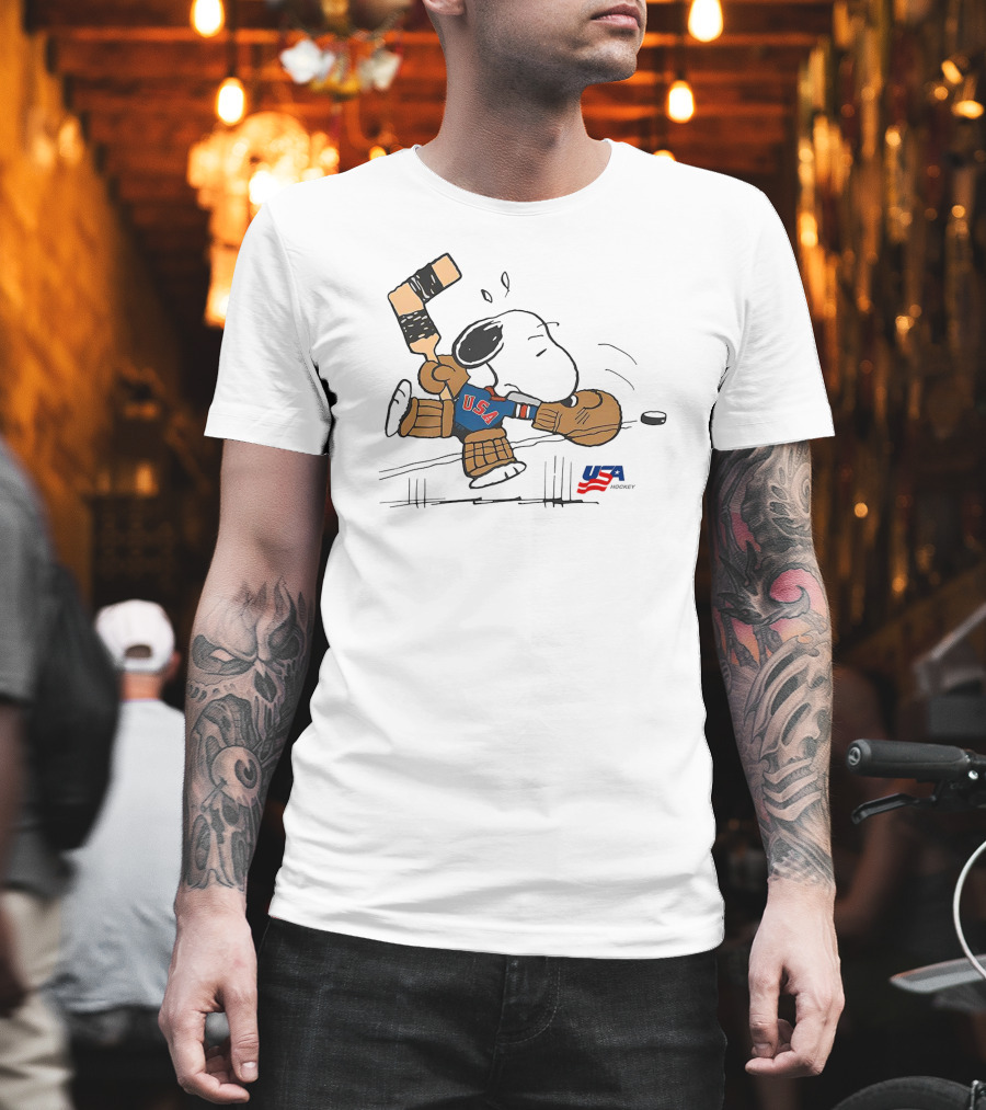 Peanuts Snoopy USA Hockey Goalie with Bat and USA Puck T-Shirt