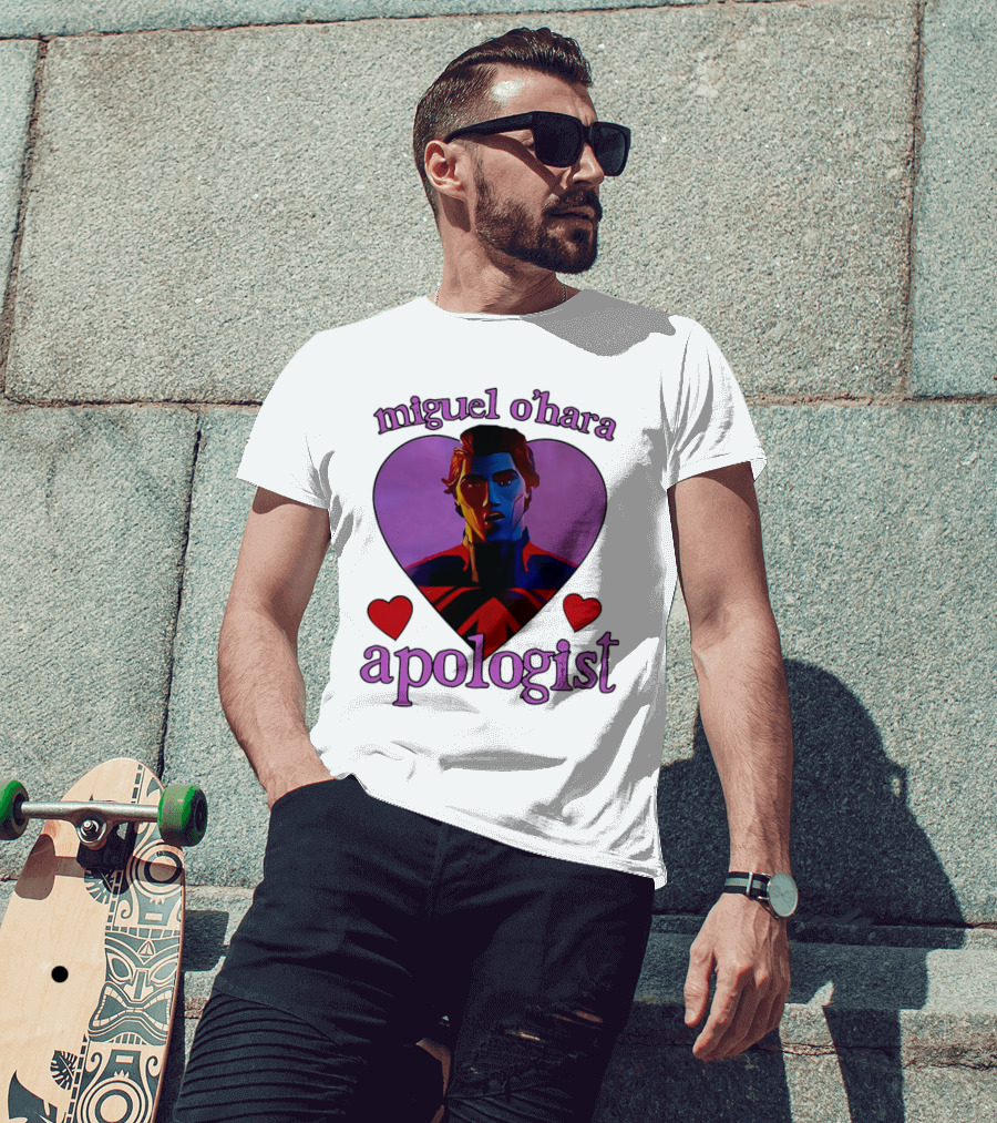 Miguel O’Hara Apologist Love Heart With Heroic Figure In Purple And Red Hearts T-Shirt