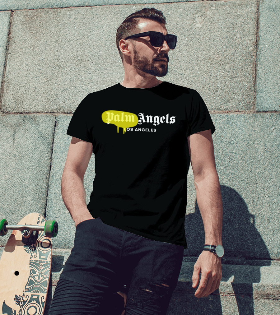 Palm Angels Los Angeles Yellow Paint Drip Text T-Shirt