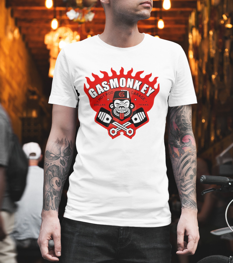 Gas Monkey Hot Rod Garage Dallas Texas Flame Logo Monkey with Pistons T-Shirt