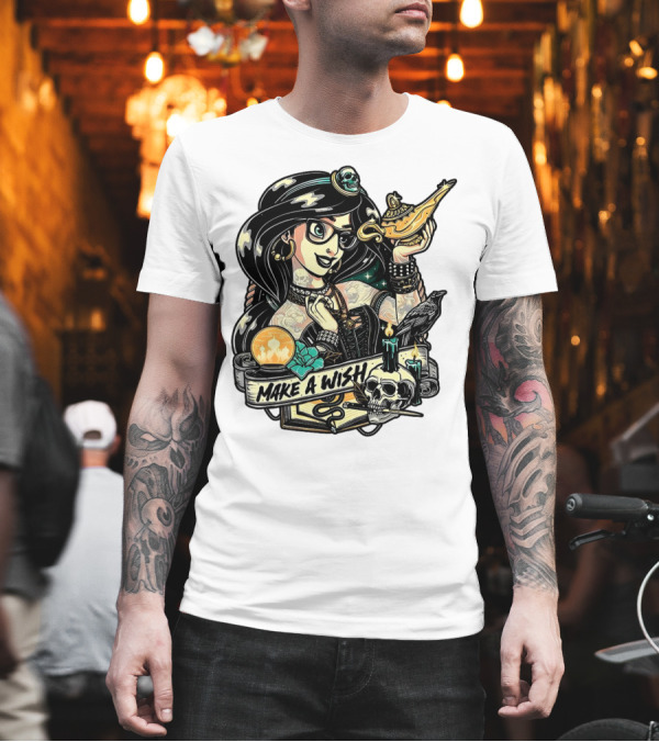 Jasmine Princess Aladdin Make a Wish Tattoo Style with Skull and Lamp T-Shirt Jasmine Princess Aladdin Make a Wish Tattoo Style with Skull and Lamp T-Shirt