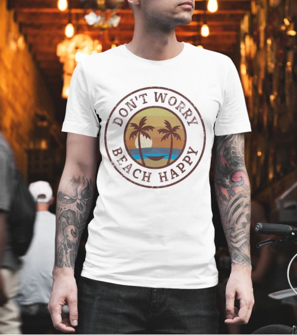 Don’t Worry Beach Happy Palm Trees Sunset Hammock Retro Circle T-Shirt Don’t Worry Beach Happy Palm Trees Sunset Hammock Retro Circle T-Shirt