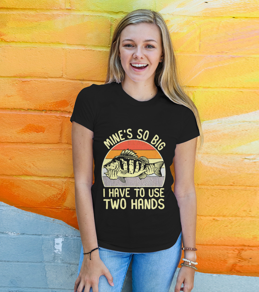 Vintage Fish Mine's So Big I Have To Use Two Hands Retro Sunset Stripes T-Shirt