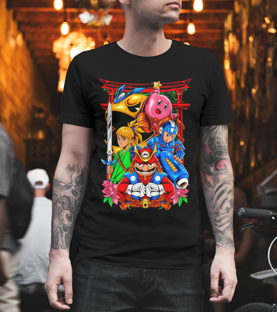 Game Heroes Showcase Pac-Man Kirby Link Mega Man Mario Collaboration T-Shirt