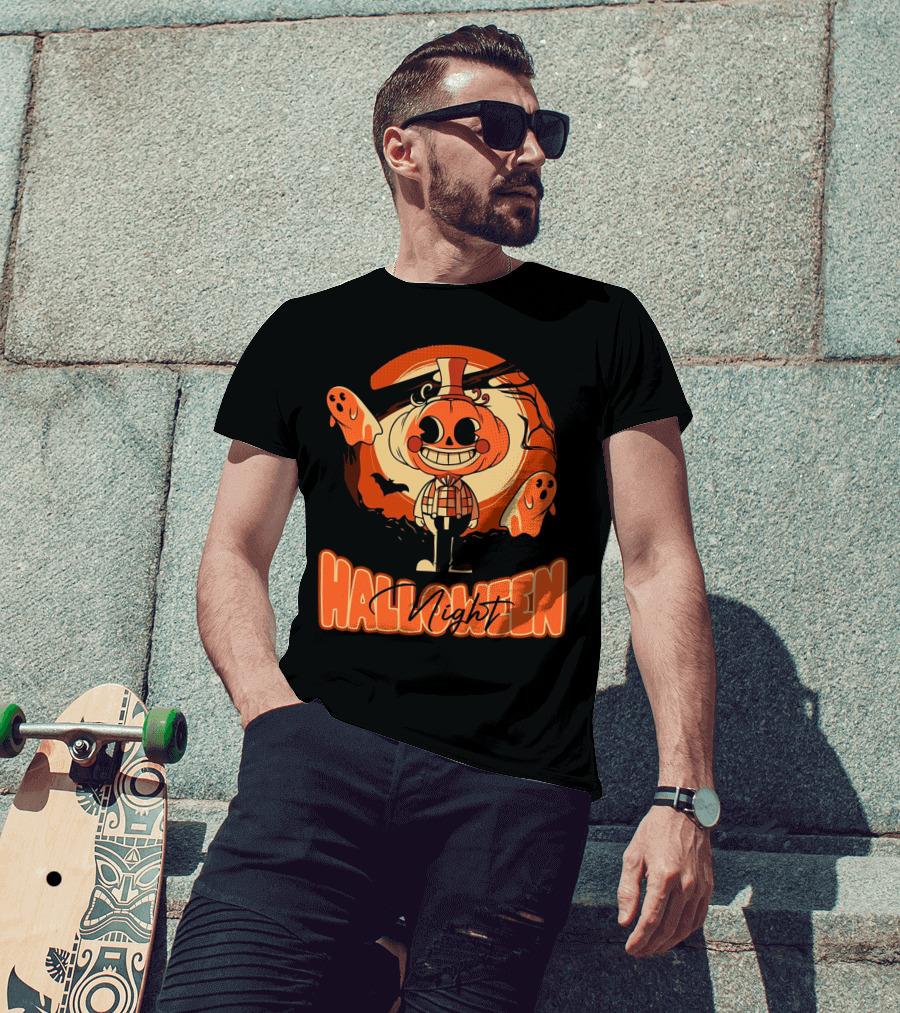 Halloween Night Pumpkin Head Boy With Ghosts And Bats T-Shirt