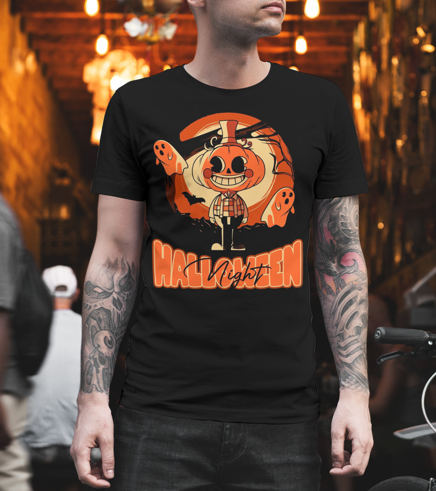 Halloween Night Pumpkin Head Boy with Ghosts and Bats T-Shirt