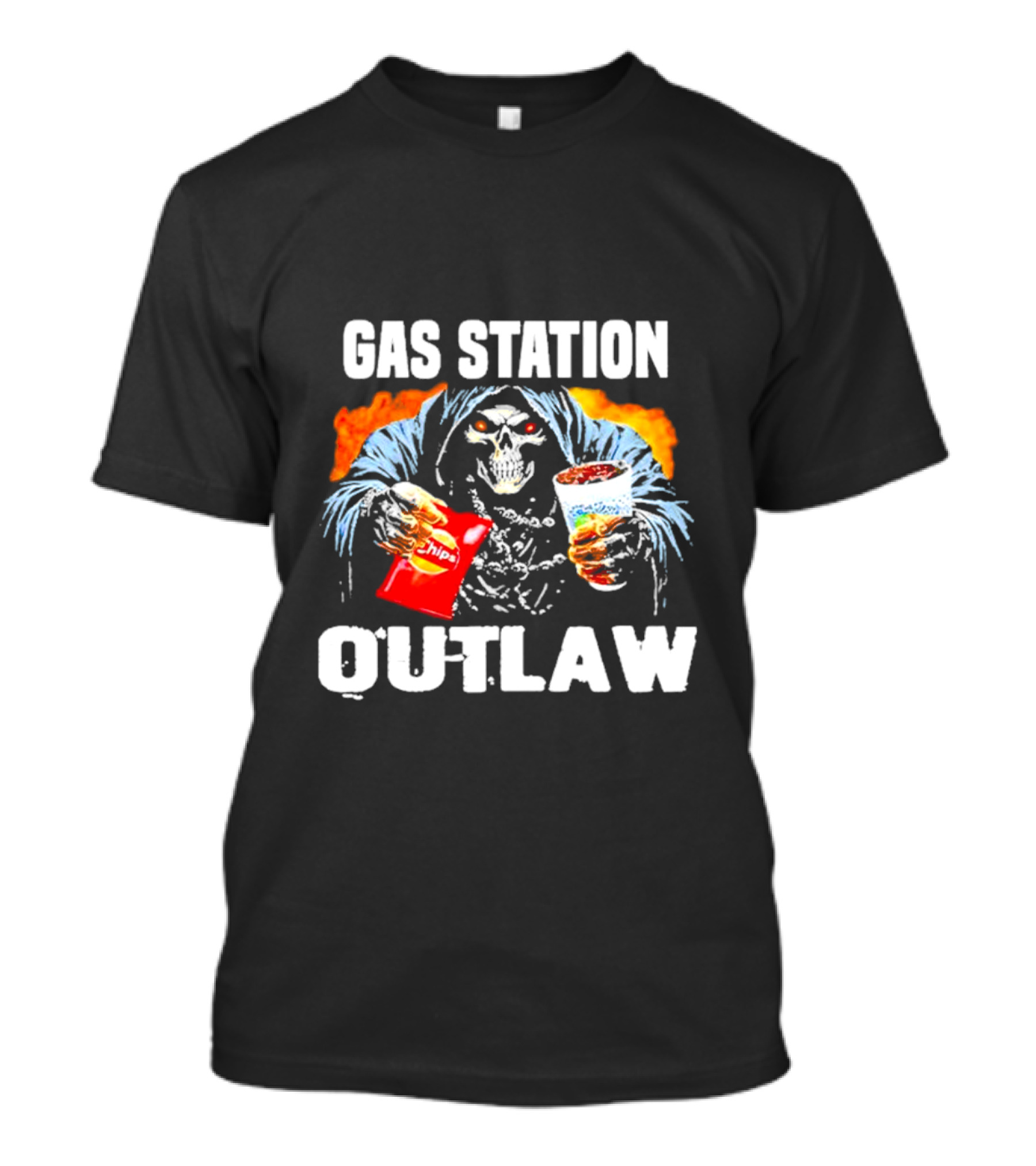 Gas Station Outlaw Chips Fiery Skull T-Shirt