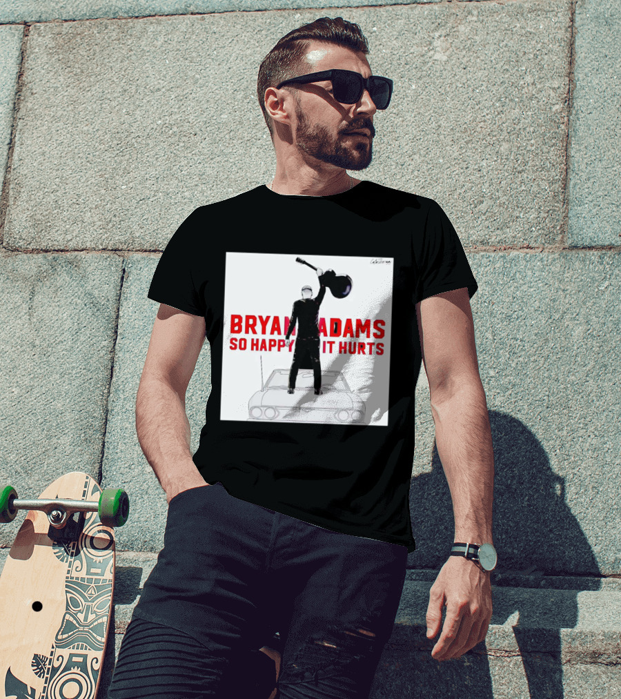 Bryan Adams So Happy It Hurts Album Cover Art Standing On Car With Guitar T-Shirt