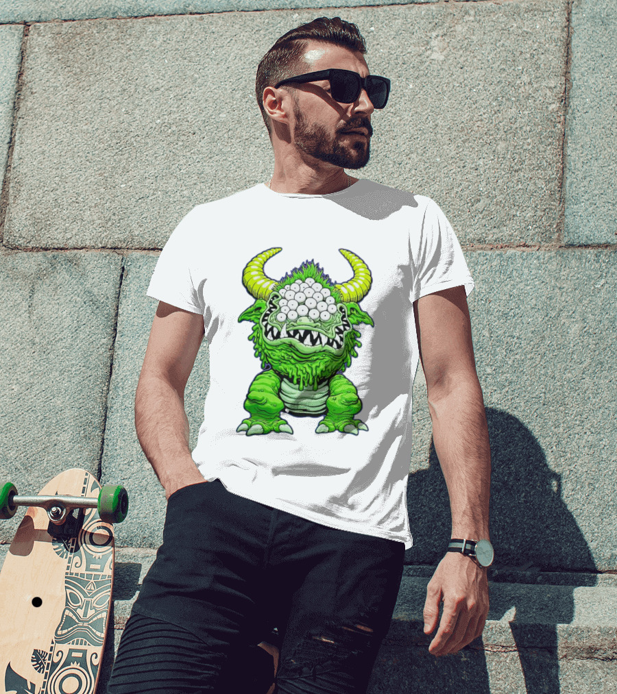 Black Beast Of Aaaarrgghh Multi-Eyed Green Monster With Horns T-Shirt