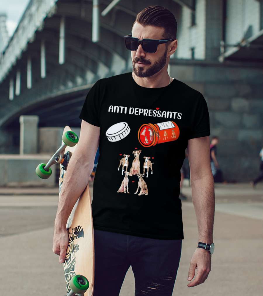 Anti Depressants Dogs Medicine Bottle With Greyhound Puppies T-Shirt