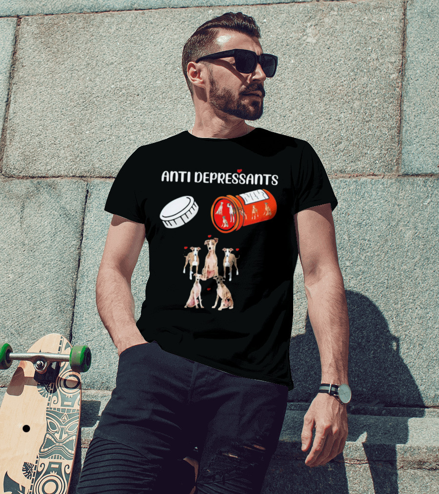 Anti Depressants Dogs Medicine Bottle With Greyhound Puppies T-Shirt