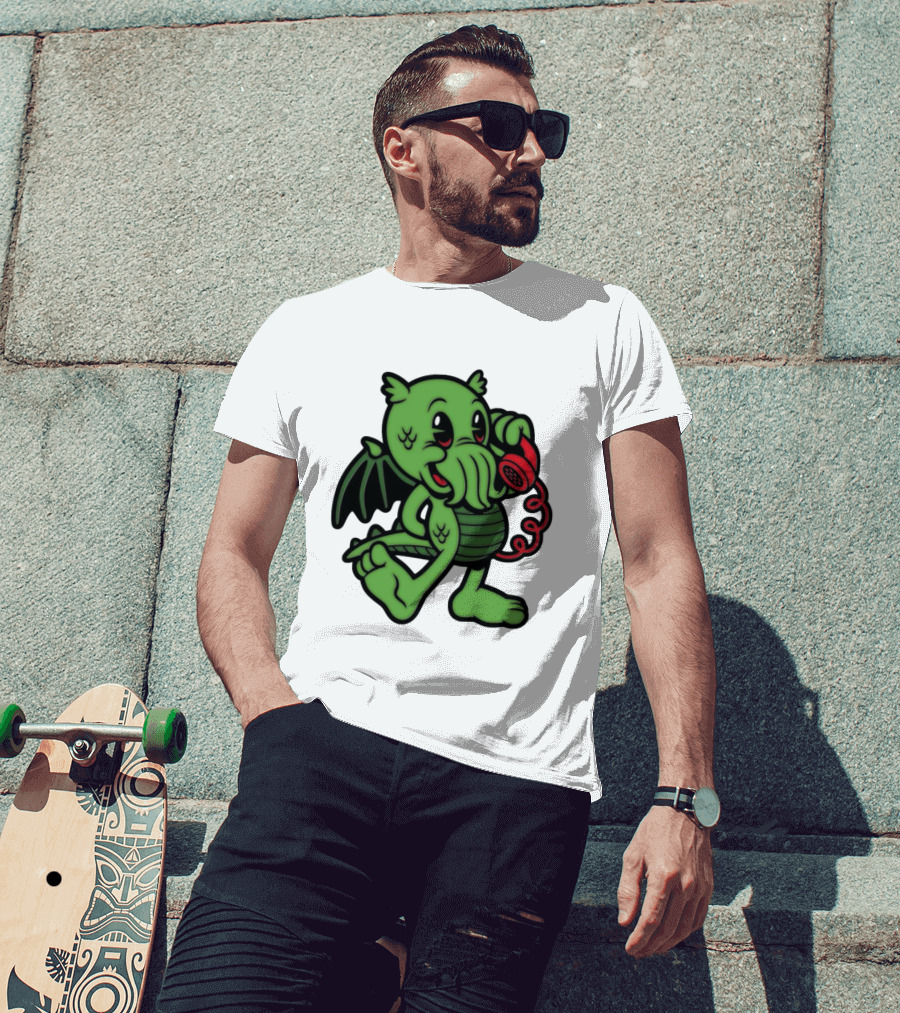 Chubby Cthulhu Phone Call Cartoon With Red Retro Telephone T-Shirt