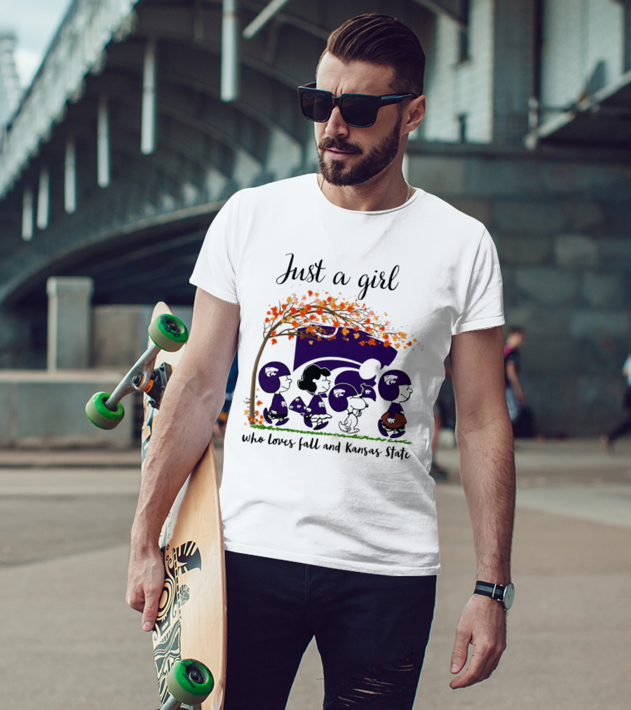Just A Girl Who Loves Fall And Kansas State Peanuts Cartoon Halloween Football Players T-Shirt