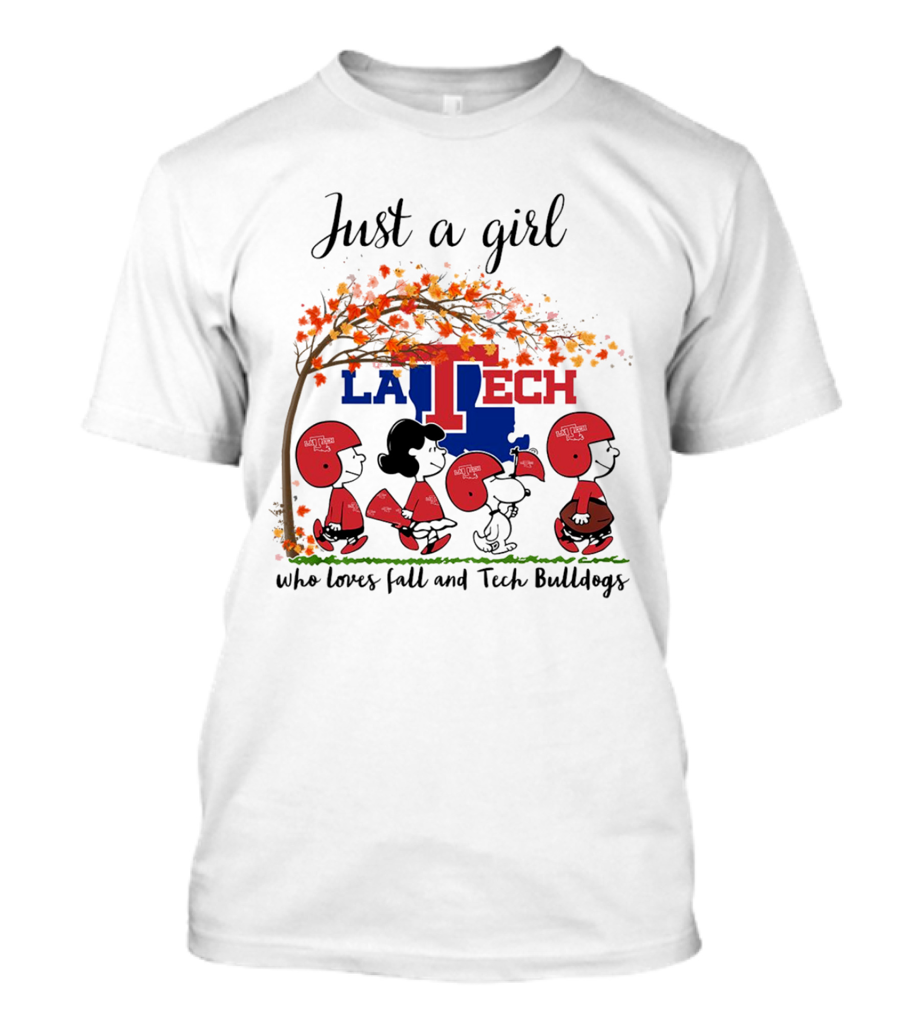 Just A Girl Who Loves Fall And LA Tech Bulldogs Peanuts Cartoon T-Shirt