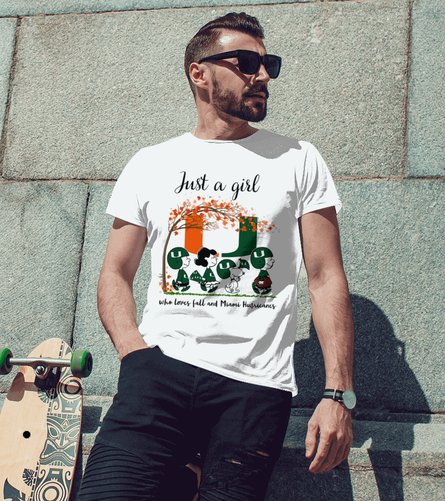 Just A Girl Who Loves Fall And Miami Hurricanes Peanuts Cartoon T-Shirt