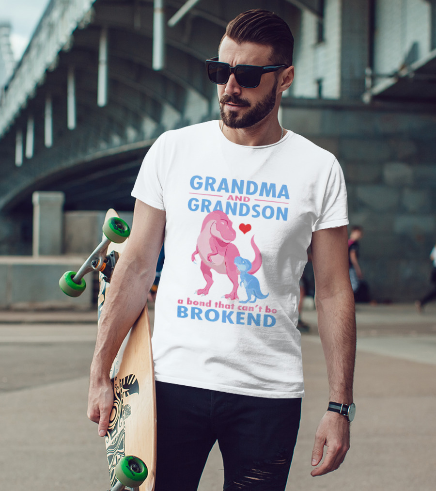 Grandma And Grandson A Bond That Can't Be Broken With Pink And Blue Dinosaurs And Heart T-Shirt
