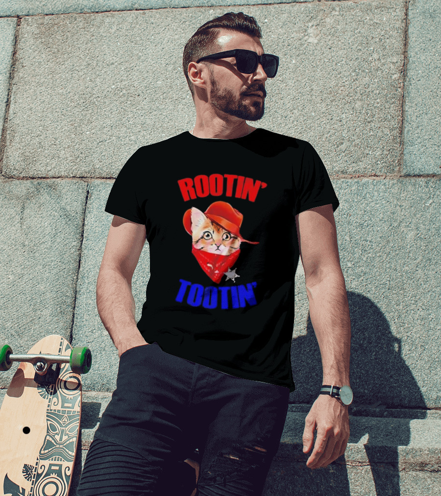 Rootin Tootin Cat Cowboy Vintage Red Hat And Bandana With Sheriff Star T-Shirt