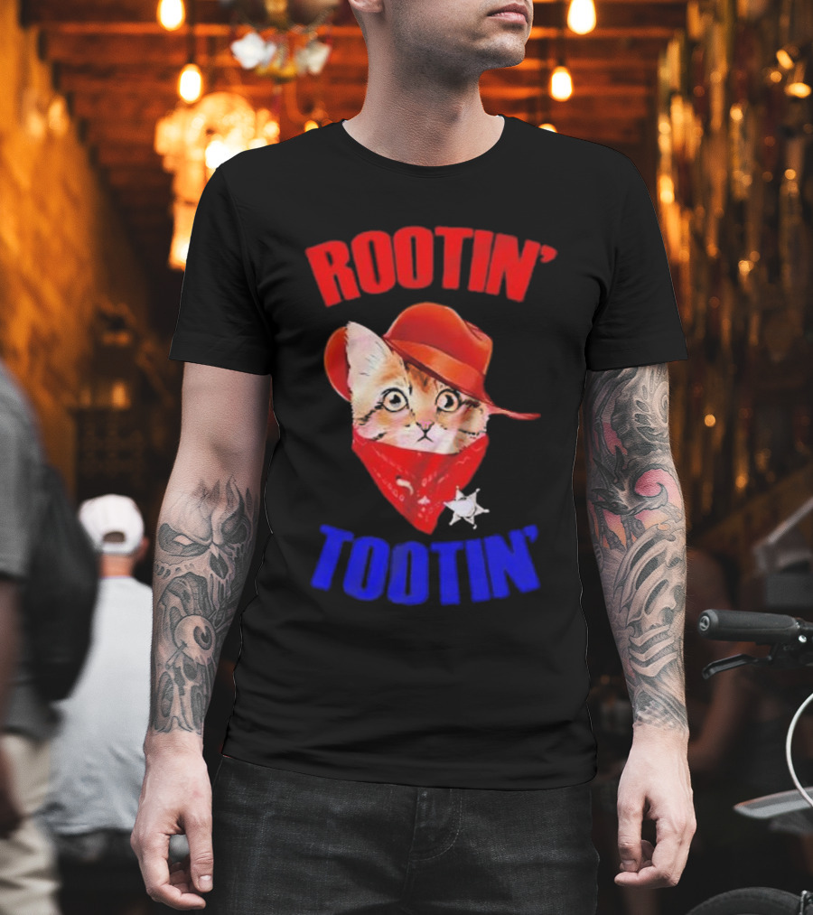 Rootin Tootin Cat Cowboy Vintage Red Hat And Bandana With Sheriff Star T-Shirt