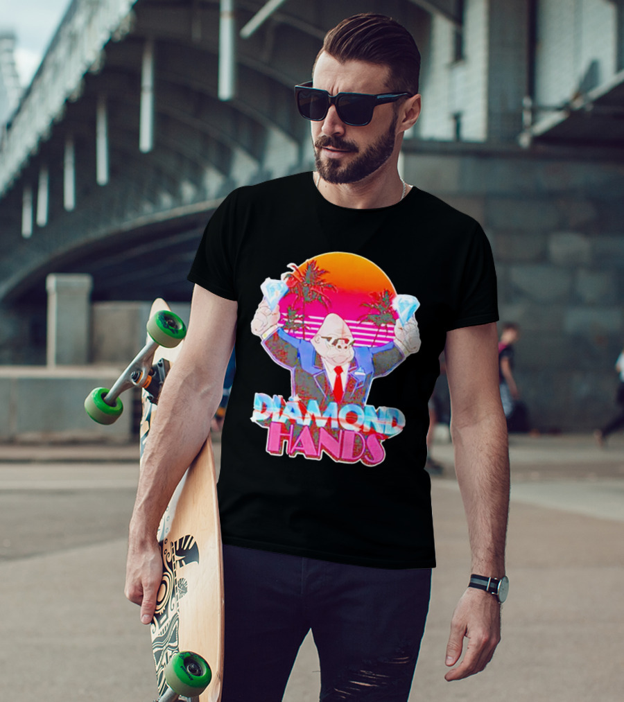 Diamond Hands Gorilla In Suit With Dollars And Vintage Sunset Background T-Shirt
